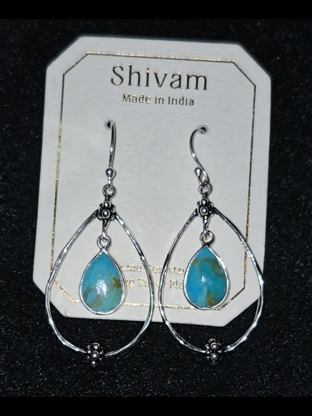 NWT Shivam Blue Mojave Turquoise Hammered Sterling Silver Plated Drop Earrings